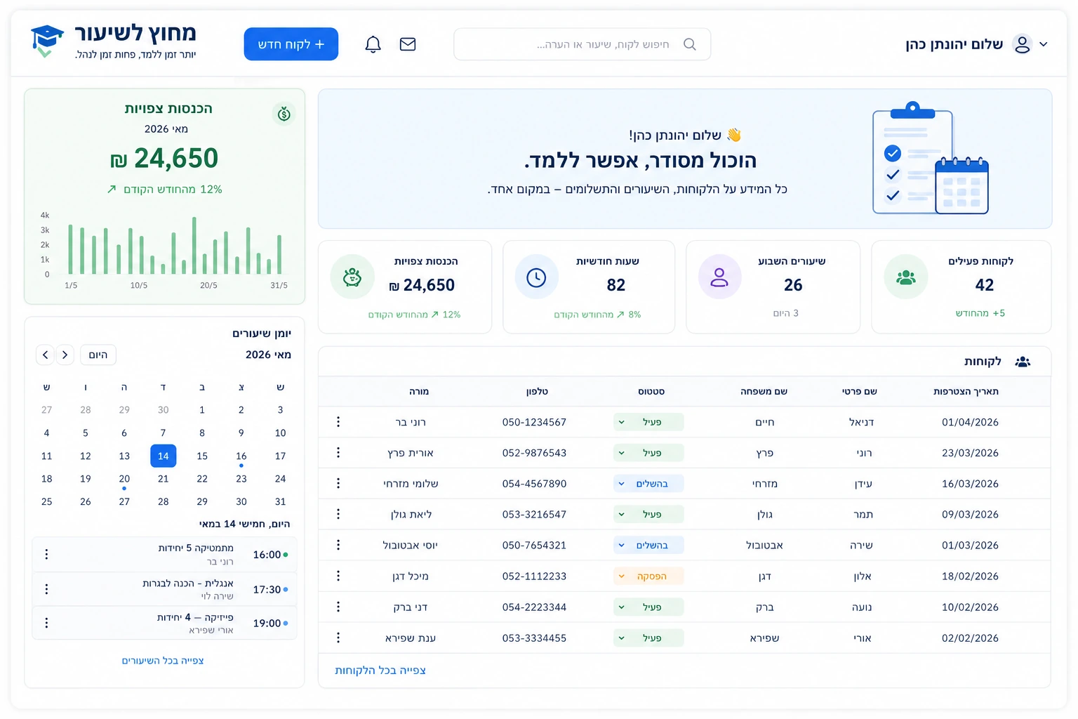 דשבורד מרכז ניהול שיעורים עם לקוחות, יומן, תשלומים ודוחות